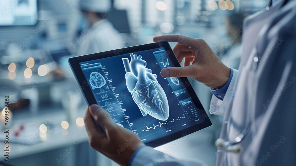 Poster A doctor is holding a tablet with a heart image on it. A heart with a few lines and dots around it. The doctor is pointing at the heart, possibly explaining something to someone else