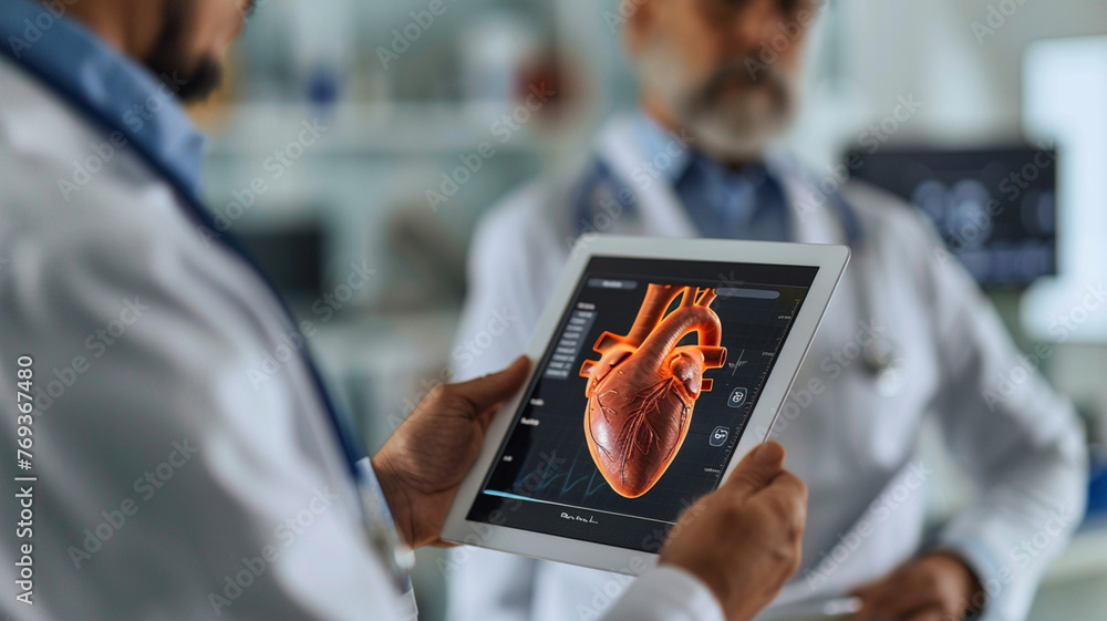 Poster A doctor is holding a tablet with a heart image on it. The image is of a heart with a red line through it, indicating a problem