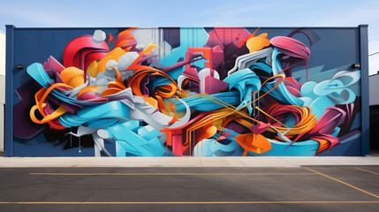 A kaleidoscope of shapes and colors leap from the walls in a street art mural, where graffiti-style lettering and abstract motifs collide to create a visually captivating urban masterpiece.