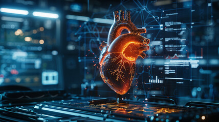 A heart is displayed on a computer screen with a glowing red center. The heart is surrounded by a network of wires and circuits, giving it a futuristic and technological appearance