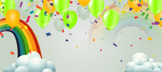 Rainbow, balloons and confetti on the background. Vector illustration.