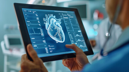 A doctor is holding a tablet that displays a heart. The image is in blue and white and he is a medical image - obrazy, fototapety, plakaty
