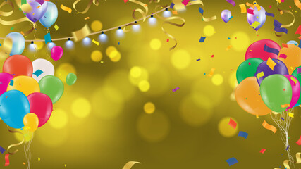Illustration of balloons, confetti and ribbons on a golden background