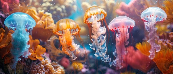 a mesmerizing and fantastical underwater scene teeming with vibrant marine life Picture - obrazy, fototapety, plakaty