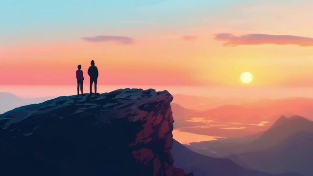 Two siblings stand triumphantly on a flat rock at the peak of a mountain gazing out at the horizon with pure joy on their faces. Their parents stand a few feet away beaming