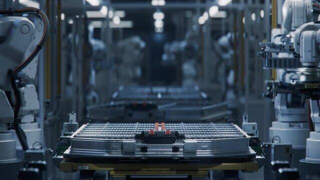 Time-lapse of Automated Manufacturing Line with White Robotic Arms. Electric Car Smart Factory. Lithium-Ion EV Battery Pack for Automotive Industry Assembly Process. Production Line with Robot Arms