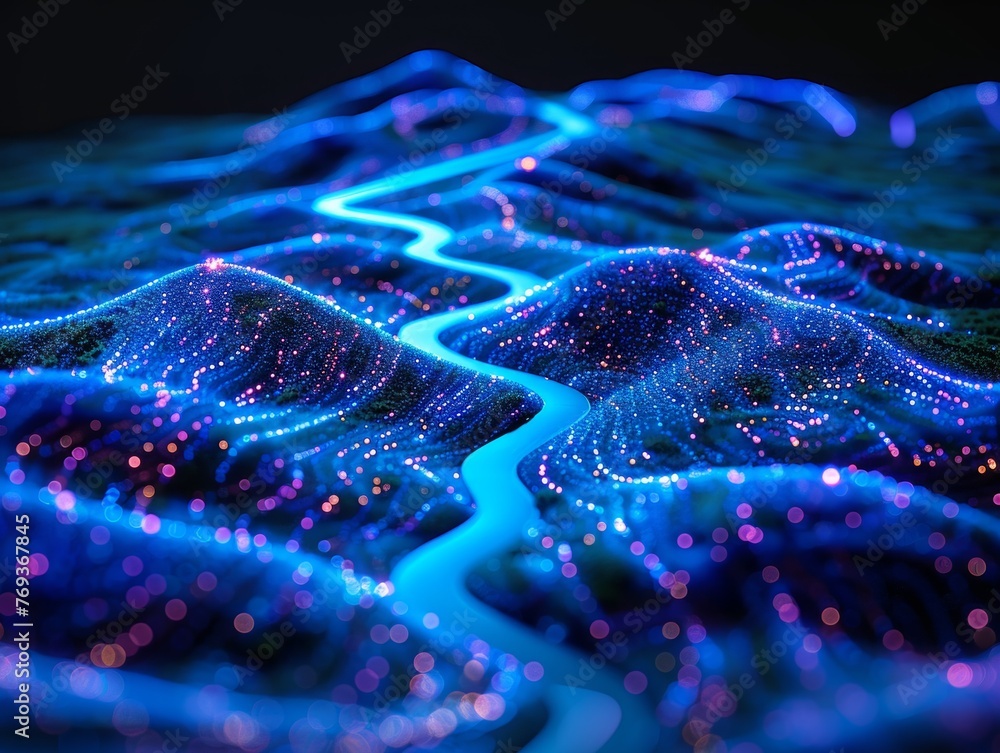 Poster computer-generated blue abstract background with a stream of light cutting through the scene.