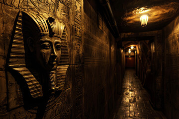 An atmospheric corridor adorned with hieroglyphics and a bust of an Egyptian pharaoh evokes the mysteries of ancient Egypt.