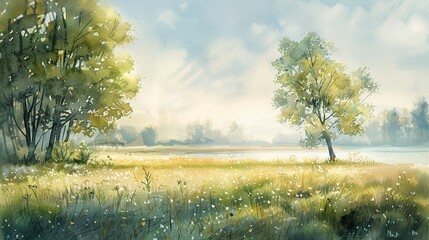 Tranquil spring morning, soft watercolor - obrazy, fototapety, plakaty