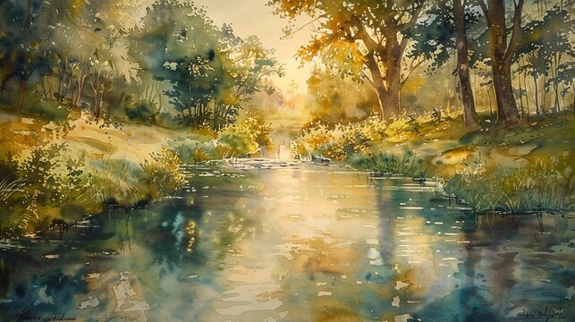 Springtime river, serene watercolors
