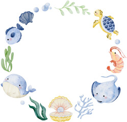 Watercolor hand drawn illustration of sea animals wreath in blue color