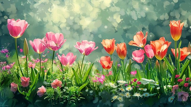 Spring garden in bloom, watercolor style