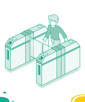 recommend clip art: Isometric turnstile. Man passes through the turnstile. Subway station or airport security element. Entrance gates. Access control equipment. Outline design element.