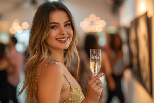 A beautiful woman in an elegant gold dress holding a glass of champagne at the opening of an art gallery, smiling and looking directly into the camera, surrounded by guests dressed in evening dresses