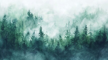 Misty spring forest, watercolor mist - obrazy, fototapety, plakaty