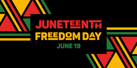Juneteenth. Freedom Day. Horizontal bright banner. Lettering, ethnic abstract pattern. US federal holiday. Slavery Abolition. African American Heritage and Culture. The concept, struggle for equality