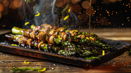 Fresh asparagus and bacon skewers on a grill, with fire sparks adding a lively BBQ atmosphere - obrazy, fototapety, plakaty