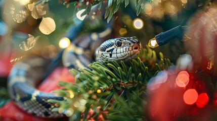 snake hiding in the branches of a decorated christmas tree, symbol of a lunar year 2025, horoscope mascot