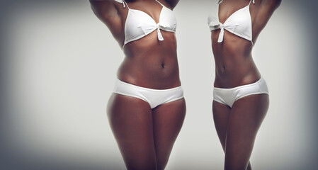 Transformation, weightloss and body of black woman on a gray background for diet, detox and...