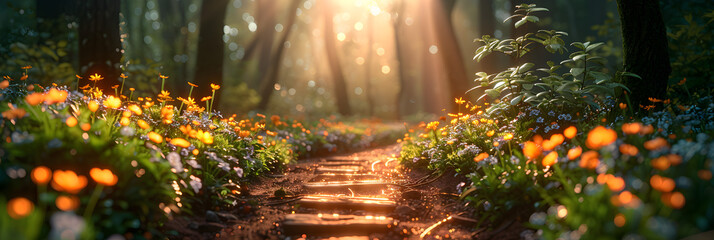  Enchanted Forest Path Lined with Spring Blooms,
A pathway through a magical forest with fairy lights and flowers

 - obrazy, fototapety, plakaty