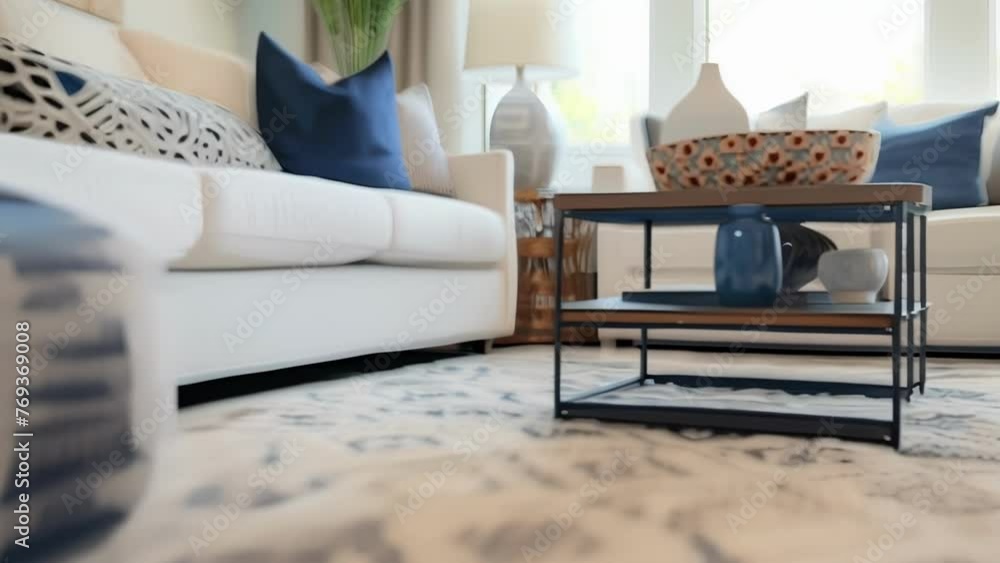 Poster a geometric patterned rug in a living room adding a touch of playful whimsy to an otherwise neutral 