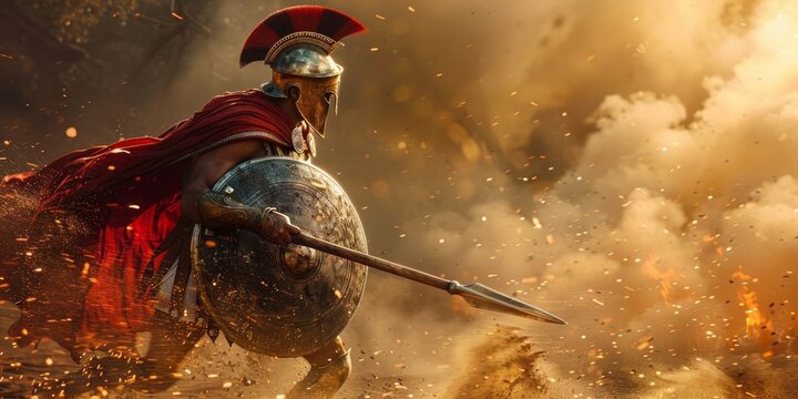 A brave warrior, adorned in a helmet and armor, sprints across a vast field with determination and strength, embodying the spirit of King Leonidas and his 300 Spartans. - Powered by Adobe
