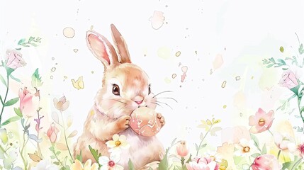 Naklejka na ściany i meble Easter holiday watercolor illustration with cute baby rabbit or bunny, hand painted style Easter background or greeting card, AI generated