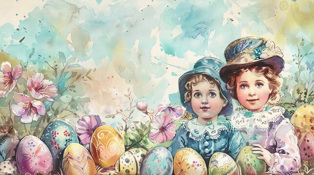 Easter watercolor illustration in style of vintage postcard, Easter holiday background with cute Victorian kids and flowers, AI generated