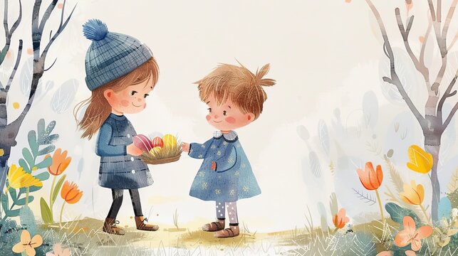 Easter holiday watercolor illustration with cute kids and flowers, trees, hand painted style Easter background or greeting card AI generated
