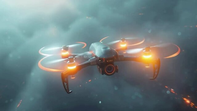 A drone is flying through a stormy sky with orange sparks. The drone is surrounded by a lot of smoke and fire, giving the image a sense of danger and chaos 4K motion