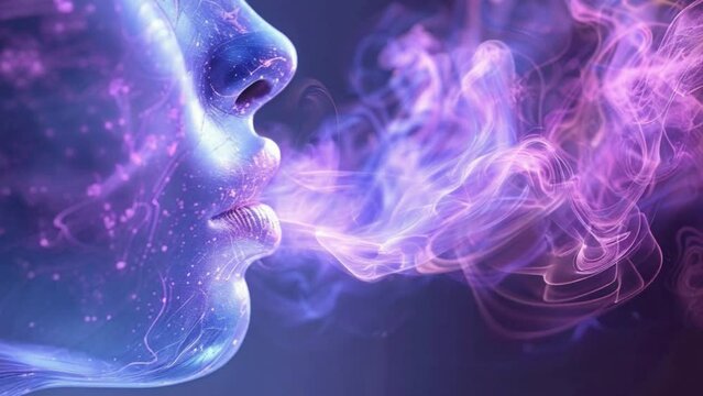 A woman's face is shown with a purple smoke coming out of her mouth 4K motion