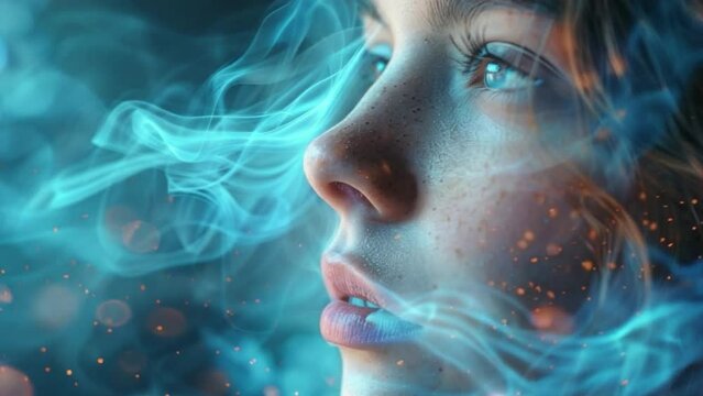 A woman's face is shown with smoke surrounding her 4K motion