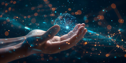 Hand holding global network connection Internet with magical sparks Technology concept background , Touching future technology, hand and metaverse interface
 - obrazy, fototapety, plakaty