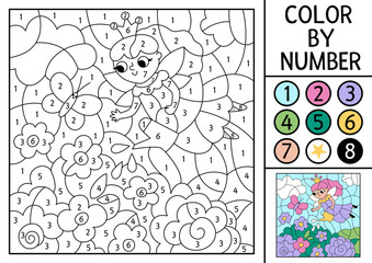 Vector Unicorn themed color by number activity with fairy watering flowers. Fairytale landscape scene. Black and white counting game with cute little princess. Magic coloring page for kids.