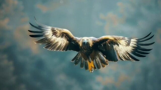 A large brown eagle with its wings spread out. The image has a mood of freedom and power 4K motion