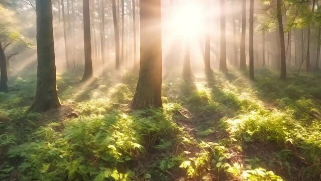 Beautiful magical sunrise in the forest, The sun's rays break through the trees in the fog, The mystical nature of the rainforest, footage, 4k footage, videos