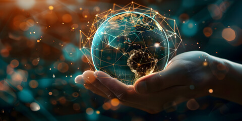  View of a Businessman holding a 3d rendering globe with network connections, Abstract Palm Hands Connecting Global Networks: Innovative Technology in Science and Communication Concept - obrazy, fototapety, plakaty