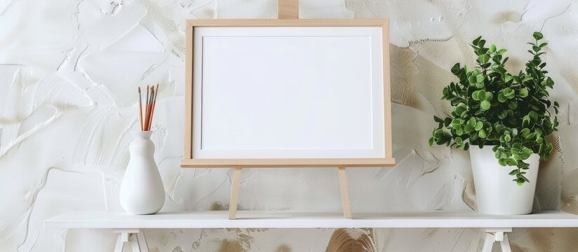 Blank frame on wooden easel on white shelf.