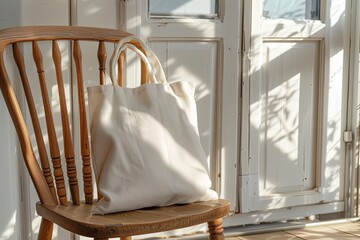 Mockup of white blank canvas tote bag with background, eco textile shopping sack with copy space, AI generated