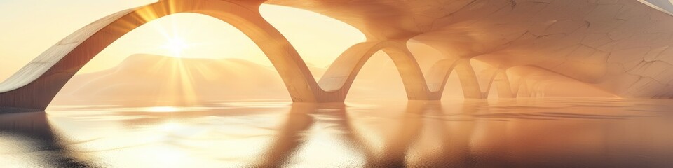 Sunlight bathes arched bridges in a warm glow against a tranquil water backdrop, background, wallpaper, banner