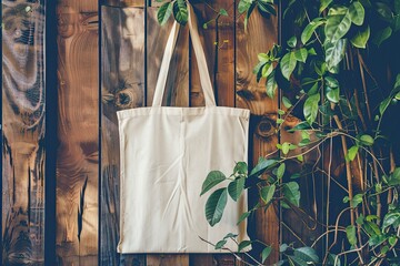 Mockup of white blank canvas tote bag with wooden background and green plants in Muted tones, eco textile shopping sack with copy space, AI generated