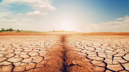 Cracked earth from lack of water and moisture against the background of the blue sky, hope for salvation.