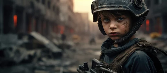 Foto op Aluminium A young boy, likely a child soldier, is shown wearing a protective helmet and carrying a firearm in a post-apocalyptic setting. He appears alert and ready for action, showcasing the harsh realities of © pngking
