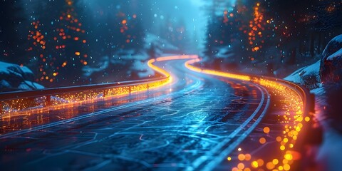 Highway of Innovation: Blue Lights Symbolizing Fast Internet and Modern Technology. Concept Technology, Innovation, Fast Internet, Modern Design, Digital Highways