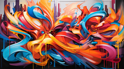 A street art mural alive with movement and expression, featuring bold graffiti-style lettering and dynamic abstract forms that invite viewers to explore and engage with their surroundings.