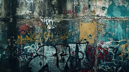 Abstract graffiti or street art background, concrete wall scribbles, tags, drawings, inscriptions and spray paint stains, splashes, grunge texture, AI generated image