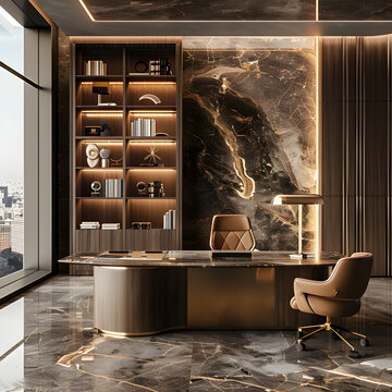 office academicism, leather, suede, marble, ambient lighting, smooth, stained, bronze colors, tan color Ai generative 