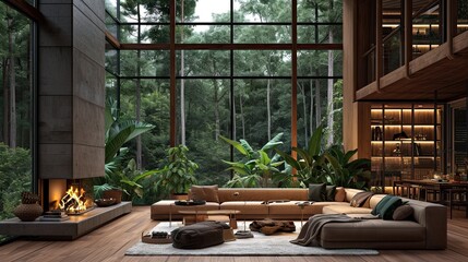 Fototapeta na wymiar Modern eco green house or cottage in forest, living room interior with lots of houseplants, wooden furniture and panoramic windows, AI generated