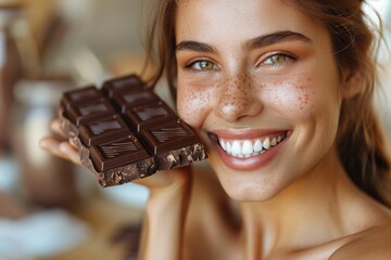 Young woman smiling holding a bar of chocolate, feeling of joy and indulgence