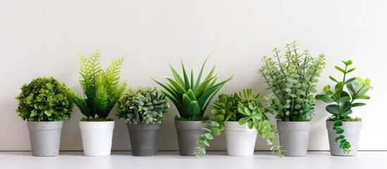 Obraz premium Set of artificial plants on white surface